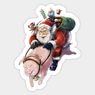 Santa Claus riding on Pig, Christmas Sticker